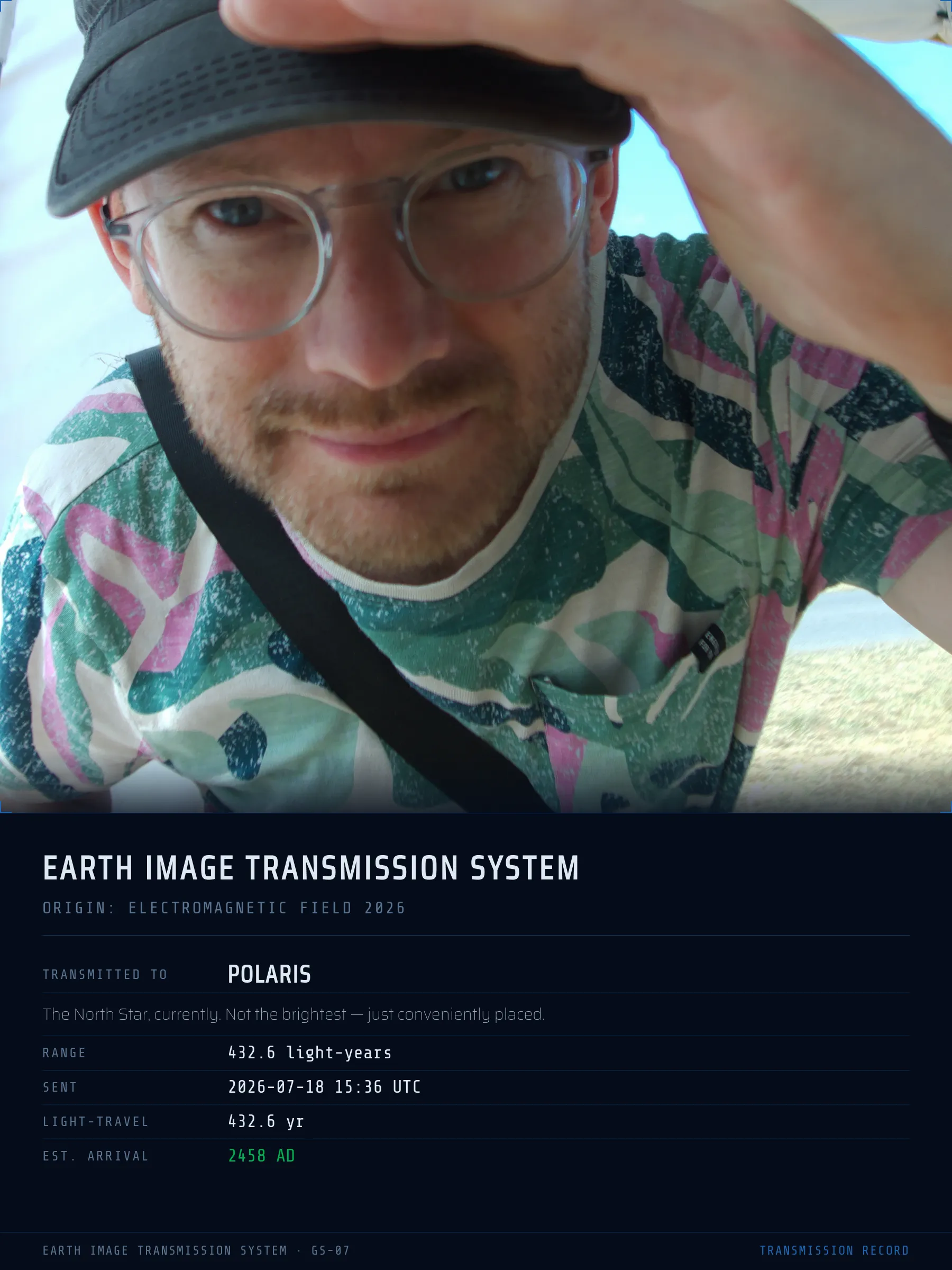 A souvenir card headed EARTH IMAGE TRANSMISSION SYSTEM, listing the target as Polaris at a range of 432.6 light-years.